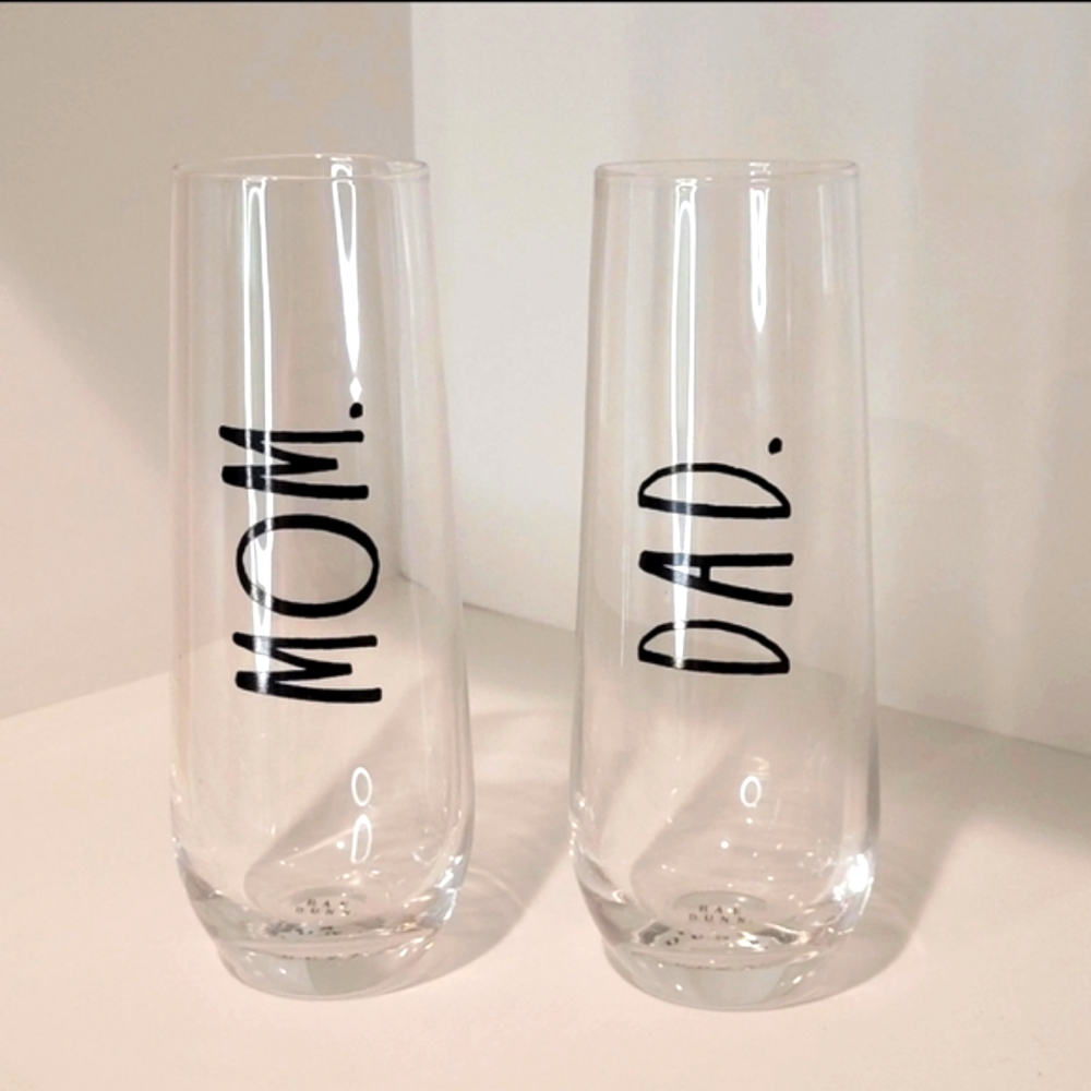 Rae Dunn MOM And DAD‎ Stemless Champagne Flutes Glasses Anniversary Holiday Gift